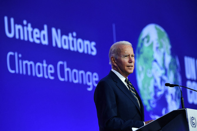 US President Joe Biden delivers a speech on stage during a meeting at the COP26 UN Climate Change Conference in Glasgow, Scotland, on Nov. 1, 2021. (AFP)
