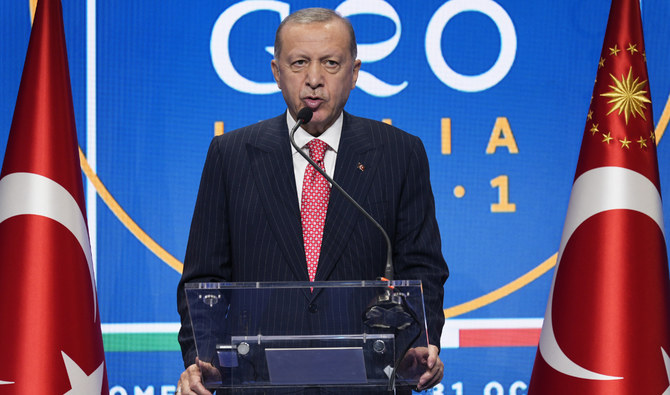 Recep Tayyip Erdogan appeared to be unsteady on his feet during the G20 in Rome. (AP)