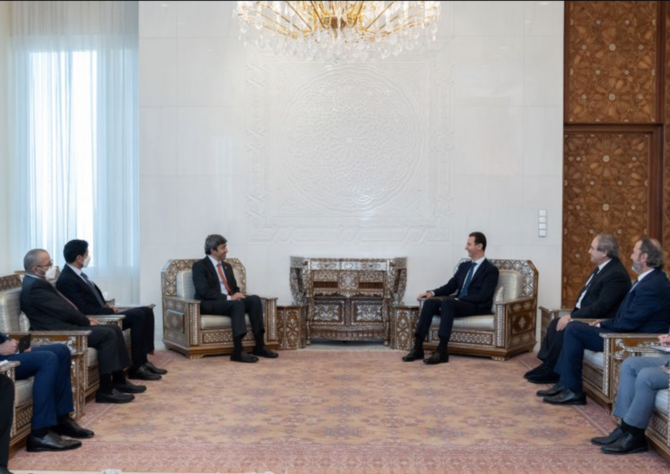 The UAE foreign minister met with Syria’s President Bashar Assad in Damascus Tuesday, according to Syrian state media. (SANA)