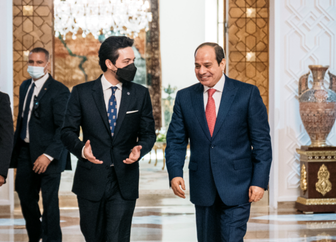 Jordan’s Crown Prince Al-Hussein bin Abdullah with Egypt’s President Abdel Fattah El-Sisi during a visit to Cairo where they discussed strategic ties between the two countries on Tuesday. Credit: (Twitter/@RHCJO)