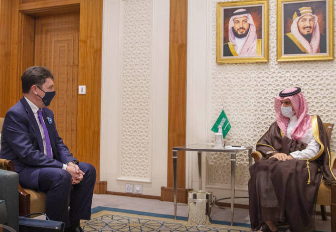 Saudi Foreign Minister Prince Faisal bin Farhan meets French Senator Olivier Cadic in Riyadh. (Supplied)