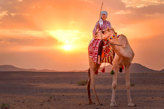 Anna Aiko was invited to the celebration of the 91st National Day of Saudi Arabia. She was chosen to experience 91 km of the ancient trail of Darb Zubaydah on camelback. (Supplied by Abdullatif Al-Obaida)