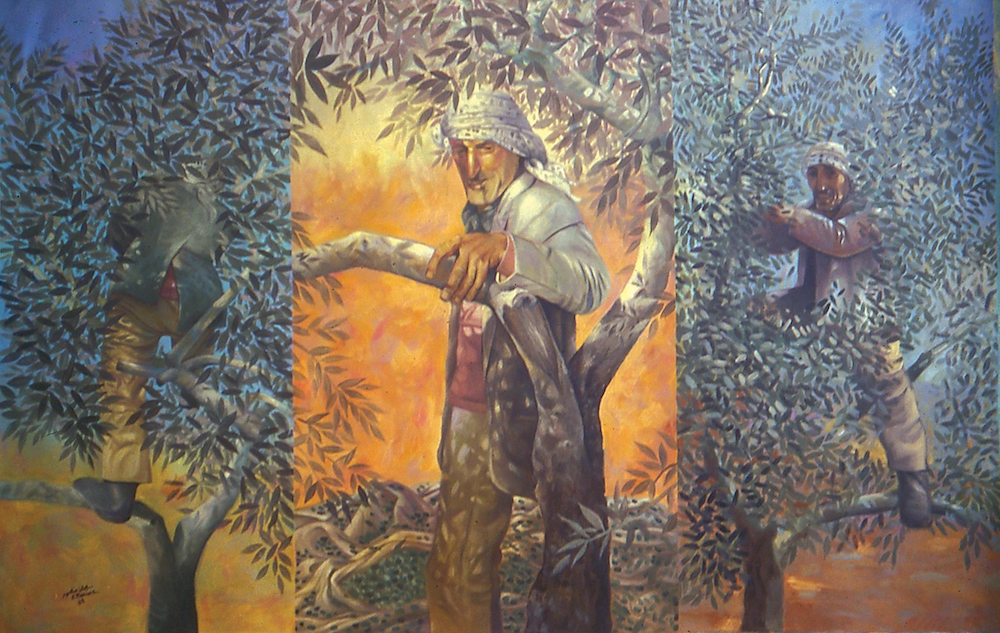 Olive trees have for centuries provided a steady source of income from the sale of their fruit and the silky, golden oil derived from it - and encapsulate the Palestinian identity wholly. (Supplied/Sliman Mansour)