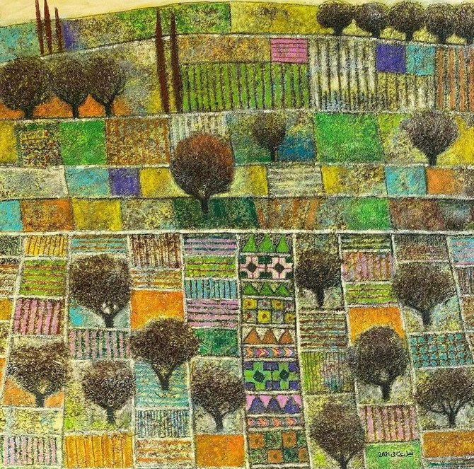 Olive trees have for centuries provided a steady source of income from the sale of their fruit and the silky, golden oil derived from it - and encapsulate the Palestinian identity wholly. (Supplied/Sliman Mansour)