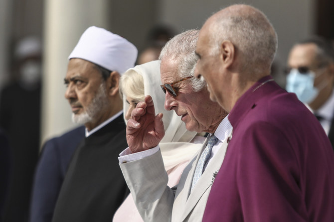 Prince Charles and his wife, Camilla visit the Al-Azhar Mosque, the oldest Sunni institution in the Muslim world with Grand Imam of Al-Azhar Mosque Ahmed Al-Tayeb. (AP)