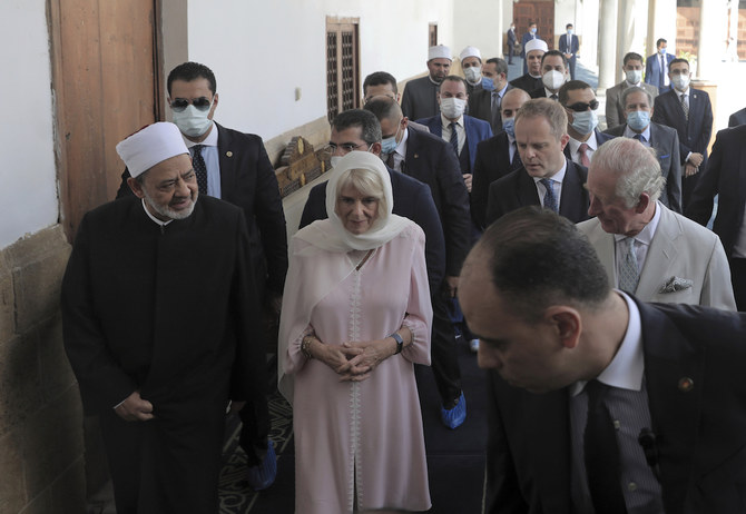 Prince Charles and his wife, Camilla visit the Al-Azhar Mosque, the oldest Sunni institution in the Muslim world with Grand Imam of Al-Azhar Mosque Ahmed Al-Tayeb. (AP)