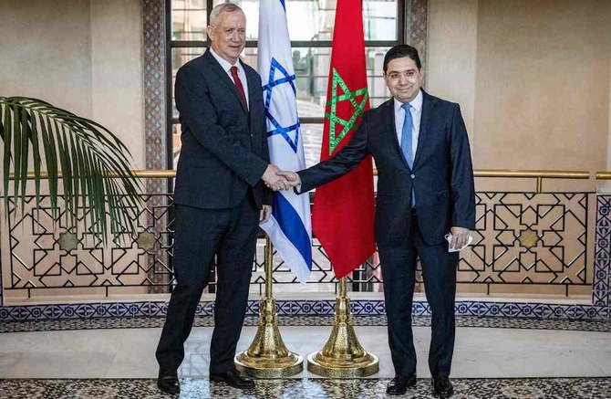 Morocco's Foreign Minister Nasser Bourita (R) shakes hands with Israel's Defence Minister Benny Gantz (L) in the capital Rabat on November 24, 2021. (AFP)