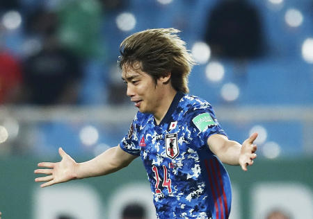 Japan's Junya Ito celebrates scoring their first goal. (Reuters)