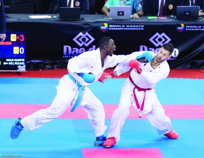 Tarek Hamdi in action at the World Karate Championships in Dubai. (Supplied/Arriyadiyah)