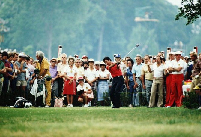 Isao Aoki of Japan battles it out with Jack Nicklaus, right, for the 1980 US Open at Baltusrol Golf Club in Springfield, New Jersey. (Getty Images)