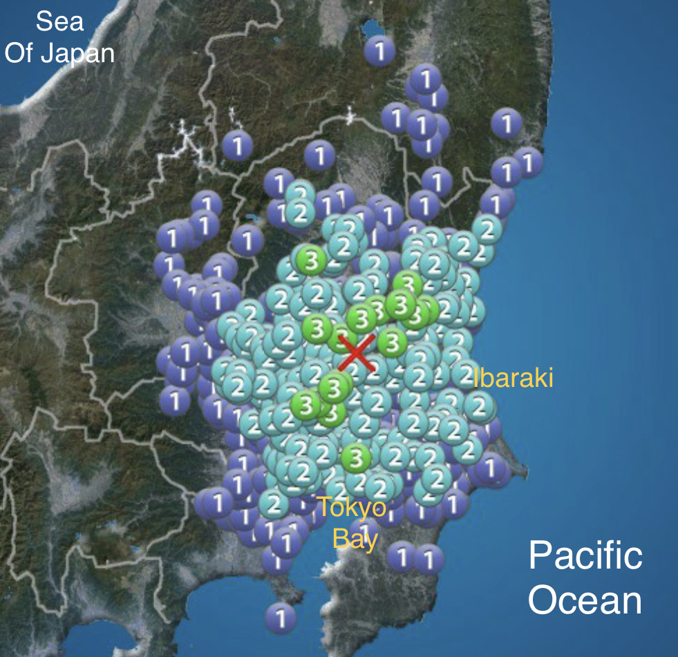 The epicenter of the 4.3 magnitude earthquake was in southern Ibaraki to the east of Tokyo at a depth of 50 kilometers. (JMA)