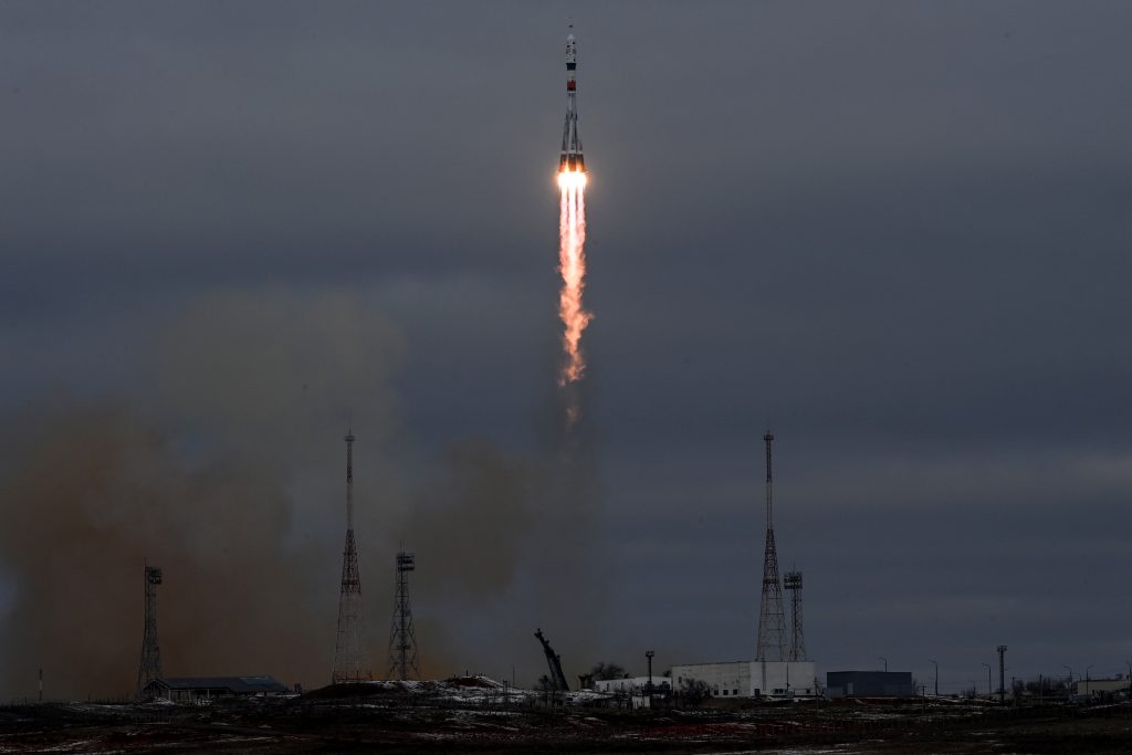 The Soyuz MS-20 spacecraft carrying the crew of Russian cosmonaut Alexander Misurkin, Japanese billionaire Yusaku Maezawa and his production assistant Yozo Hirano blasts off to the International Space Station (ISS) from the Moscow-leased Baikonur cosmodrome in Kazakhstan on December 8, 2021 (AFP)