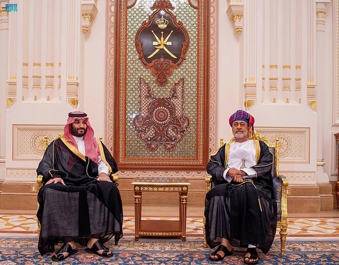 Oman’s Sultan Haitham bin Tariq receives Saudi Arabia’s Crown Prince Mohammed bin Salman in Muscat. (SPA)