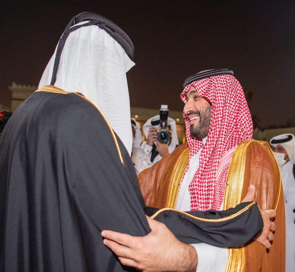 Qatar’s Emir Sheikh Tamim bin Hamad receives Saudi Arabia’s Crown Prince Mohammed bin Salman in the capital, Doha. (SPA)