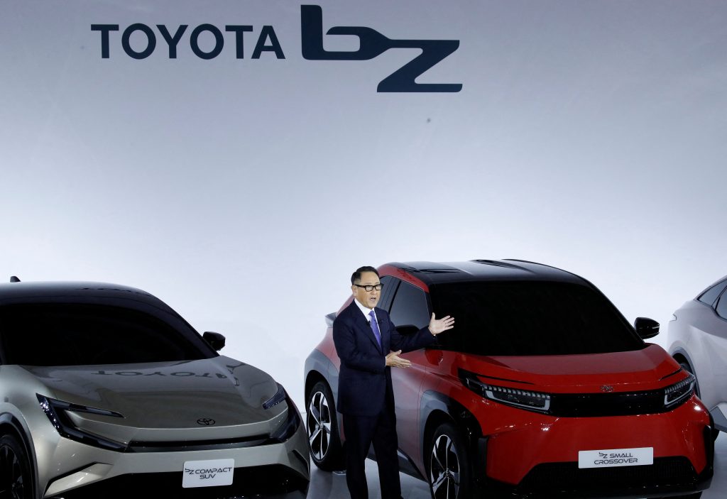 Toyota Motor Corporation President Akio Toyoda speaks at a briefing on the company's strategies on battery EVs in Tokyo, Japan December 14, 2021. (Reuters)