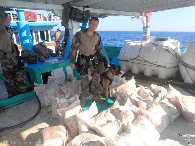 Sailors assigned to the French Frigate FS Floreal inventory a shipment of illicit drugs interdicted from a stateless dhow on Nov. 3, 2021. (@CMF_Bahrain)