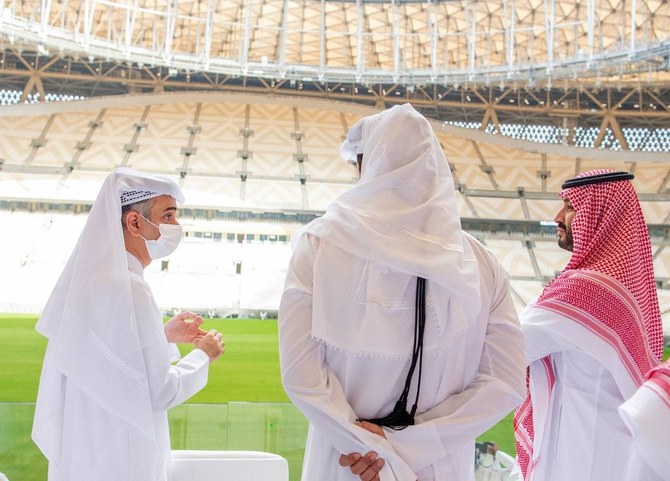 Saudi Arabia’s Crown Prince Mohammed bin Salman and Qatar’s Emir Sheikh Tamim bin Hamad visit the Lusail Stadium in Doha. (Twitter/@KSAMOFA)