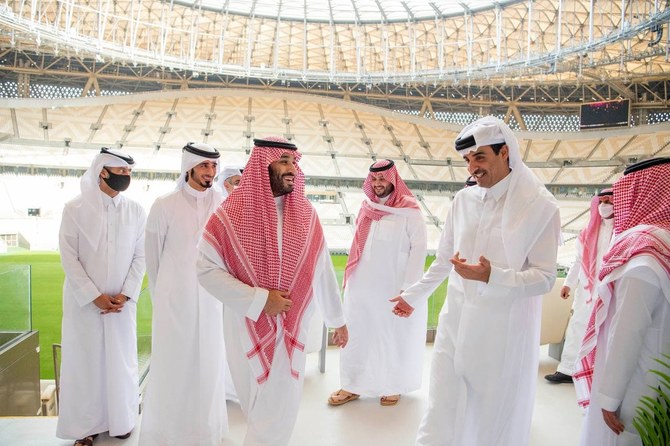 Saudi Arabia’s Crown Prince Mohammed bin Salman and Qatar’s Emir Sheikh Tamim bin Hamad visit the Lusail Stadium in Doha. (Twitter/@KSAMOFA)