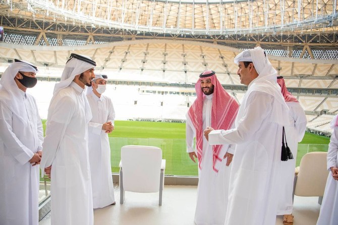 Saudi Arabia’s Crown Prince Mohammed bin Salman and Qatar’s Emir Sheikh Tamim bin Hamad visit the Lusail Stadium in Doha. (Twitter/@KSAMOFA)