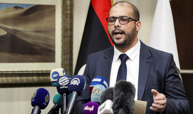 Omar Abdel-Aziz Bushah, Vice-President of Libya's Higher Council of State, gives a press conference about the latest developments ahead of the upcoming elections, in Libya's capital Tripoli on December 8, 2021. (AFP)