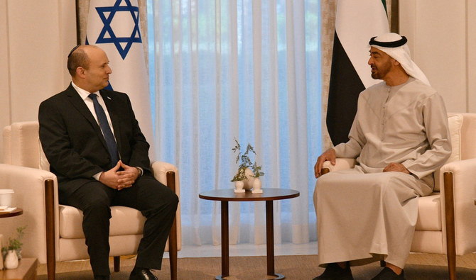 Israeli Prime Minister Naftali Bennett meets with Abu Dhabi Crown Prince Sheikh Mohammed bin Zayed at his private palace in Abu Dhabi, United Arab Emirates, December 13, 2021. (Reuters)