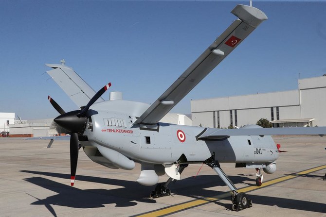 This file photo taken in Ankara on March 5, 2021 shows an Anka Drone, unmanned aerial military vehicle developed by Turkish Aerospace Industries in Ankara. (AFP)