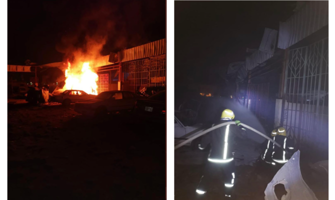 Saudi Civil Defense personnel respond after a projectile launched by Yemen's Houthi terrorists fell in the industrial area of Ahad Al-Masarihah in the southwestern region of Jazan on Monday. (SPA photos)