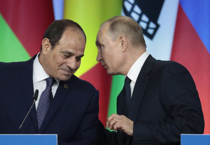 Russia’s President Vladimir Putin and Egypt’s President Abdel Fattah El-Sisi held a phone call to discuss the Libyan crisis. (File/AFP)