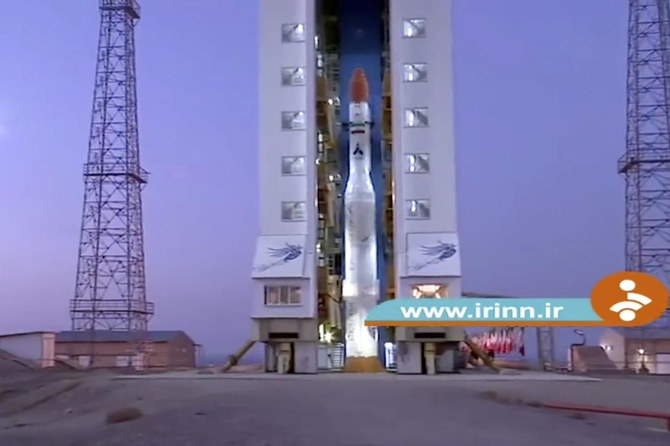 This image taken from footage aired by Iranian state television shows a rocket that Iran announced it launched on Thursday, Dec. 30, 2021. (Iranian state television via AP)