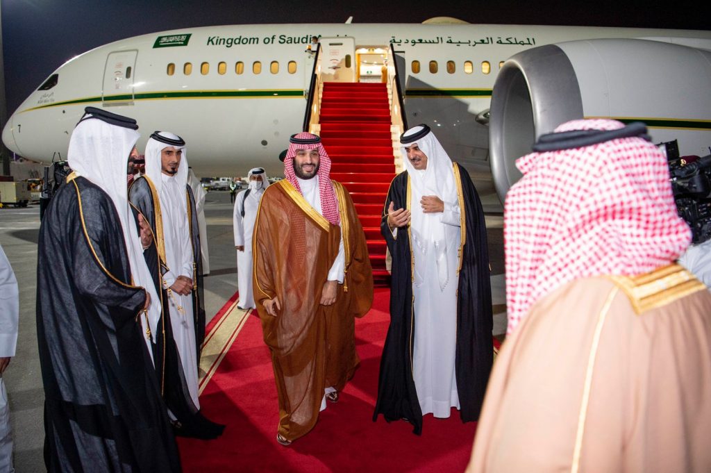 Qatar’s Emir Sheikh Tamim bin Hamad receives Saudi Arabia’s Crown Prince Mohammed bin Salman in the capital, Doha. (SPA)