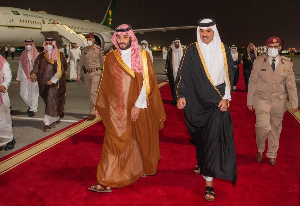 Qatar’s Emir Sheikh Tamim bin Hamad receives Saudi Arabia’s Crown Prince Mohammed bin Salman in the capital, Doha. (SPA)