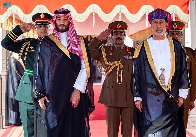 Oman’s Sultan Haitham bin Tariq receives Saudi Arabia’s Crown Prince Mohammed bin Salman in Muscat. (SPA)