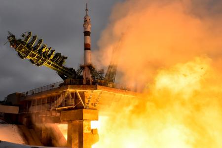 The Soyuz MS-20 spacecraft carrying the crew of Russian cosmonaut Alexander Misurkin, Japanese billionaire Yusaku Maezawa and his production assistant Yozo Hirano blasts off to the International Space Station (ISS) from the Moscow-leased Baikonur cosmodrome in Kazakhstan on December 8, 2021. (AFP)