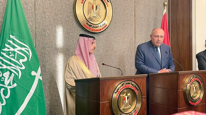 Saudi Arabia’s Foreign Minister Prince Faisal bin Farhan attends a press conference with Egyptian Foreign Minister Sameh Shoukry. (@MfaEgypt)
