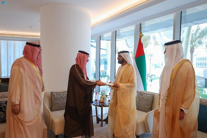 UAE Vice President and Prime Minister and Ruler of Dubai Sheikh Mohammed bin Rashid receives Saudi Foreign Minister Prince Faisal bin Farhan in Dubai. (SPA)