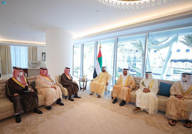 UAE Vice President and Prime Minister and Ruler of Dubai Sheikh Mohammed bin Rashid receives Saudi Foreign Minister Prince Faisal bin Farhan in Dubai. (SPA)