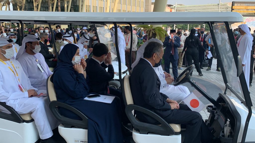 Ambassador Isomata and UAE Minister Sarah bint Yousef Al Amiri celebrated Japan Day at Dubai Expo 2020. (ANJ Photo)