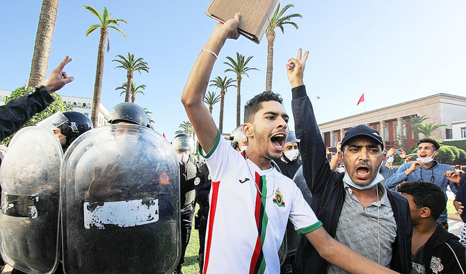 Demonstrators stage a protest against the vaccine pass in Rabat. (Reuters)