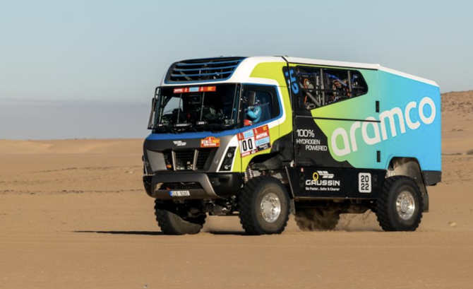 The first hydrogen-fueled racing truck to compete in the Dakar Rally is being sponsored by Aramco. (Supplied)