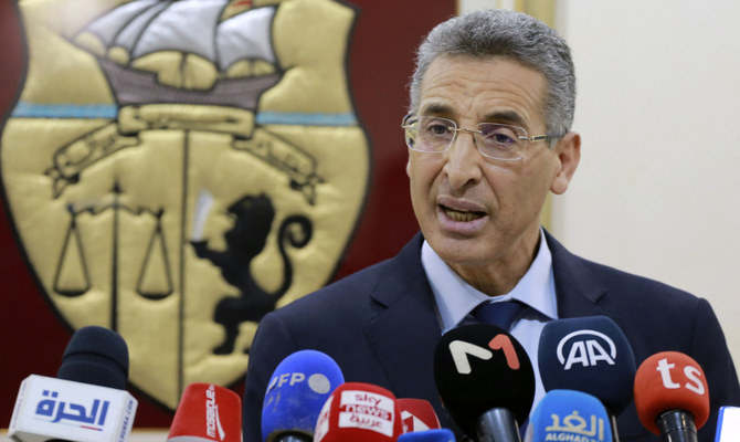 Tunisian Interior Minister Taoufik Charfeddine gives a press conference on January 3, 2022 in Tunis to explain the causes of the arrest of ex-justice minister Noureddine Bhiri of the Islamist-inspired Ennahdha party. (AFP)