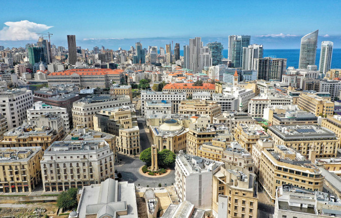 This picture taken on March 21, 2020 shows an aerial view of the Place de l'Etoile (Sahet al-Nejme) where the Lebanese parliament is located, with the government palace seen behind, in the centre of Lebanon's capital Beirut. (AFP)