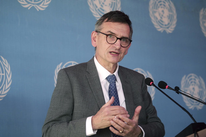 Volker Perthes, the UN envoy for Sudan, speaks during a conference in Khartoum, Sudan, Monday, Jan. 10, 2022. (AP)
