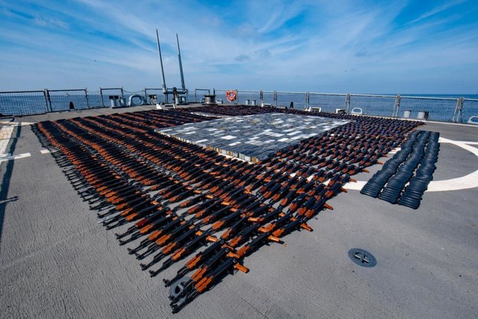 The US Navy seized upwards of 1,400 assault rifles and 226,000 rounds of ammunition from a vessel originating from Iran in December 2021. (US Naval Forces Central Command)
