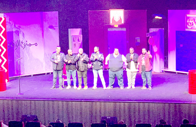 Ibrahim Al-Hajjaj, comedian and co-founder of Saudi House of Comedy, joined by fellow comics Fayez Al-Shamrani, Hashem Al-Hawsawi, Mohammed Hilal, Nawaf Al-Shubaily, and Khaled Omar at the Mohammed Al-Ali Theater at Boulevard Riyadh City. (Supplied)