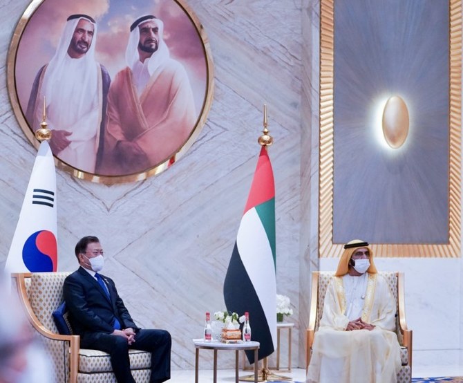 Sheikh Mohammed bin Rashid, UAE vice president and prime minister and ruler of Dubai, meets with President Moon Jae-in at Expo 2020 Dubai. (WAM)