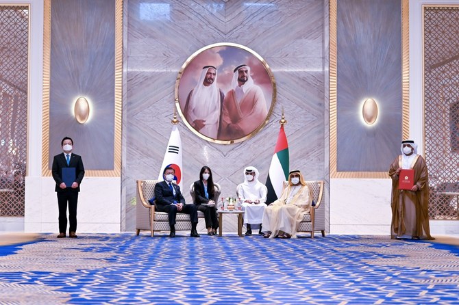 Sheikh Mohammed bin Rashid, UAE vice president and prime minister and ruler of Dubai, meets with President Moon Jae-in at Expo 2020 Dubai. (WAM)