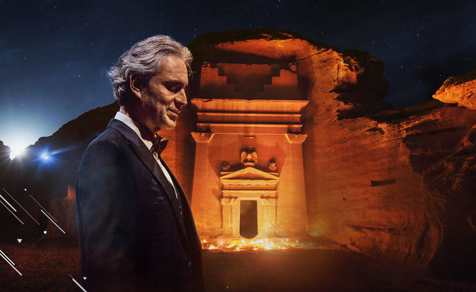 Andrea Bocelli, 62, performed against the backdrop of Nabataean tombs in the ancient city of Hegra. (Supplied)