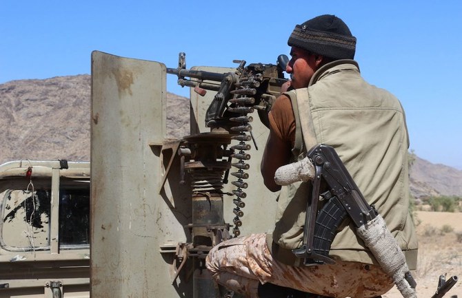 A Yemeni fighter from the UAE-trained Giants Brigade, mans a position near the village of Jafra on the outskirts of Marib, on Jan. 26, 2022. (AFP)