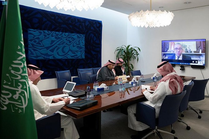 Saudi Deputy Foreign Minister Waleed Al-Khuraiji holds talks with UK Minister of State for the Middle East and North Africa James Cleverly. (SPA)