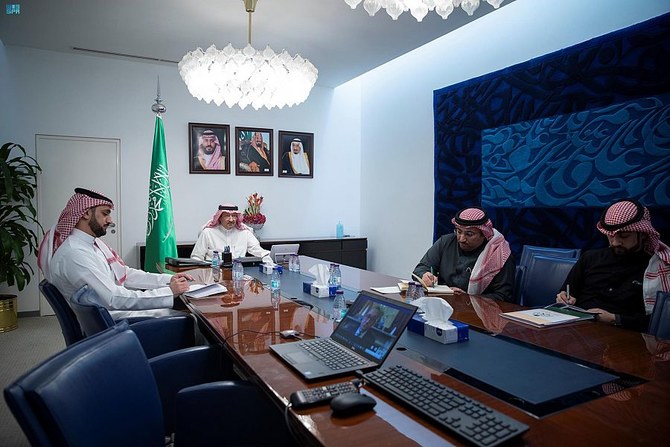 Saudi Deputy Foreign Minister Waleed Al-Khuraiji holds talks with UK Minister of State for the Middle East and North Africa James Cleverly. (SPA)